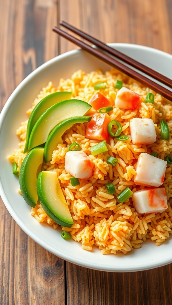 Crispy sushi fried rice with crab, cucumber, avocado, garnished with sesame seeds and green onions.
